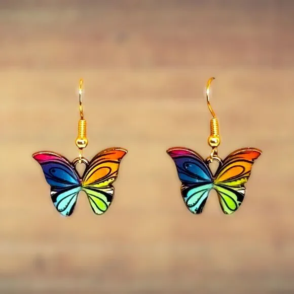 Indio Jewelry Enamel Colorful Butterfly 10kt Gold Earrings #2068 - Picture 1 of 4